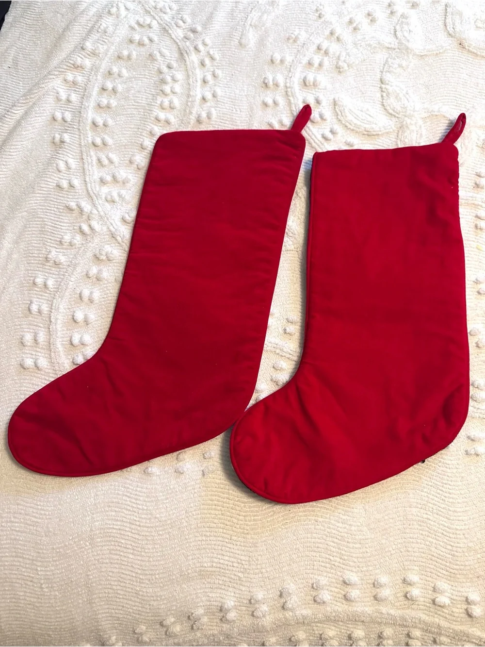Pair of Christmas Needlepoint Embroidered Holiday Stockings in Red, Navy & Cream